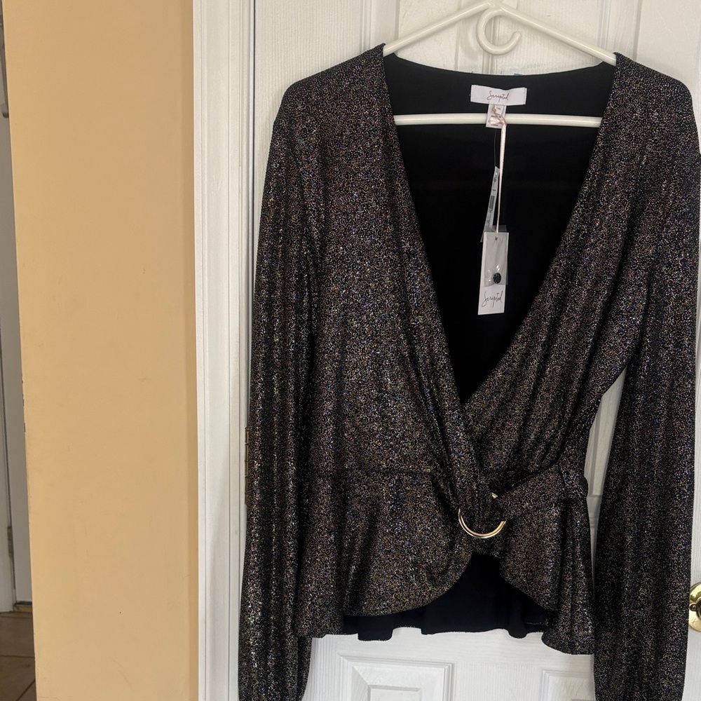 Saks Fifth Avenue Glittering Black Wrap Blouse